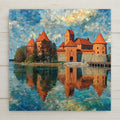 Stained glass–style ceramic tile wall art inspired by Trakai Island Castle in Lithuania. Features a European castle reflected on water in rich mosaic colors. Permanent print on tile, not real stained glass. Optional tile wall hanger, easel tile stand, and cork backing available. Ideal wall decor and home decor gift for travel and architecture lovers.