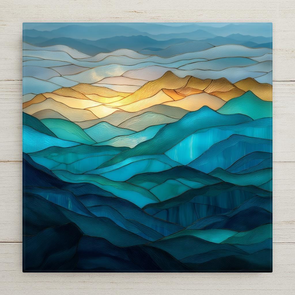 Smoky Mountains stained glass-style ceramic tile wall art features layered blue ridges and golden light. Perfect nature wall art and home decor accent. Includes optional tile wall hanger, easel stand, cork backing, or premium frame for wall or tabletop display. (Printed artwork — not real stained glass or mosaic.)