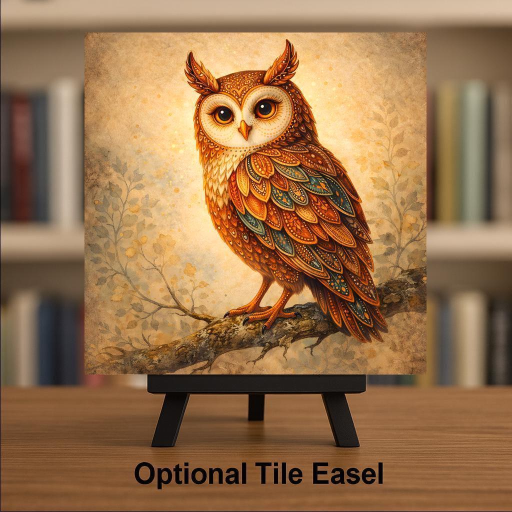 Owl Ceramic Tile Wall Art Whimsical Woodland Bird Rustic Cabin Lodge Forest Wildlife Nature Home Decor