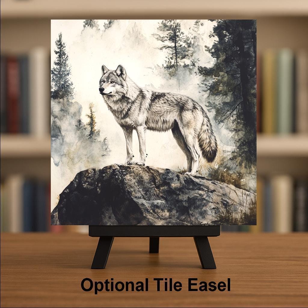 Grey Wolf Ceramic Tile Wall Art – Stained Glass Style Wildlife Decor, Cabin Lodge Gift, Rustic Nature Home Accent for Wolf Lovers