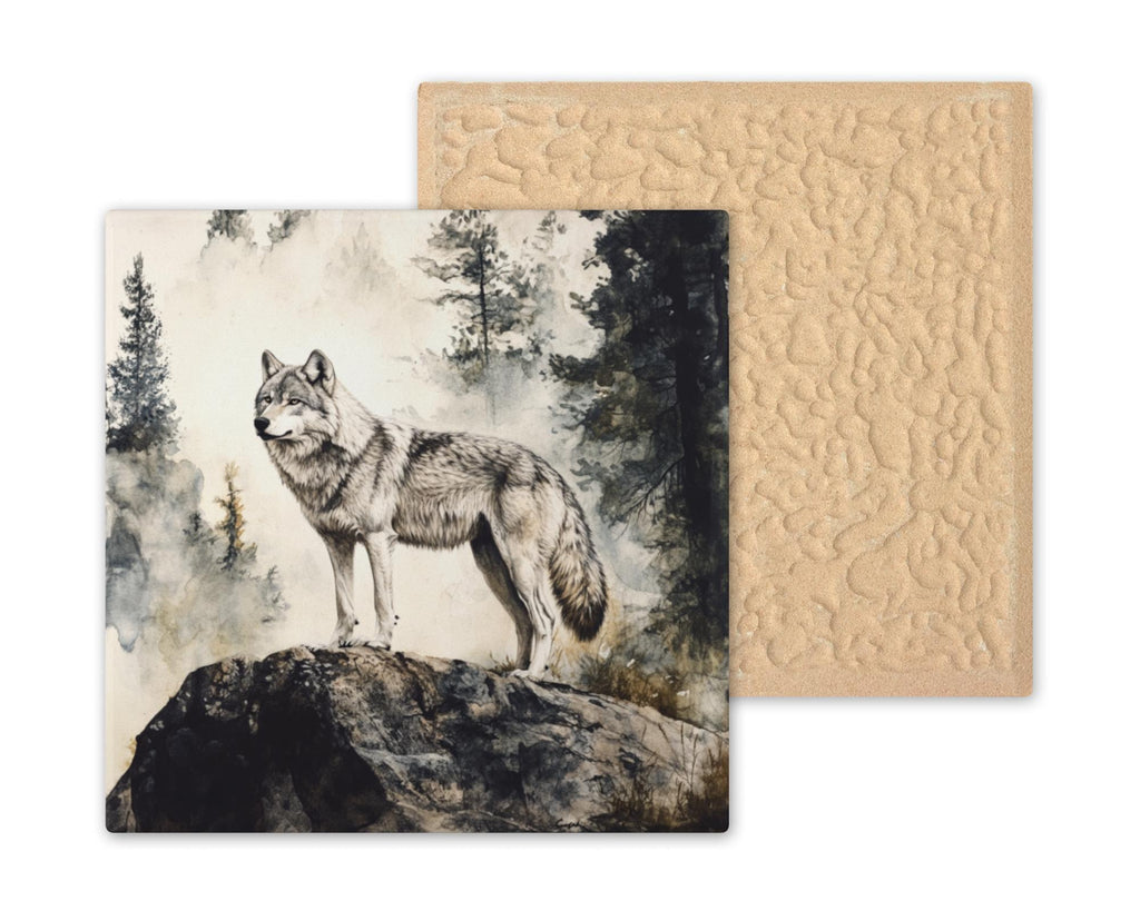 Grey Wolf Ceramic Tile Wall Art – Stained Glass Style Wildlife Decor, Cabin Lodge Gift, Rustic Nature Home Accent for Wolf Lovers
