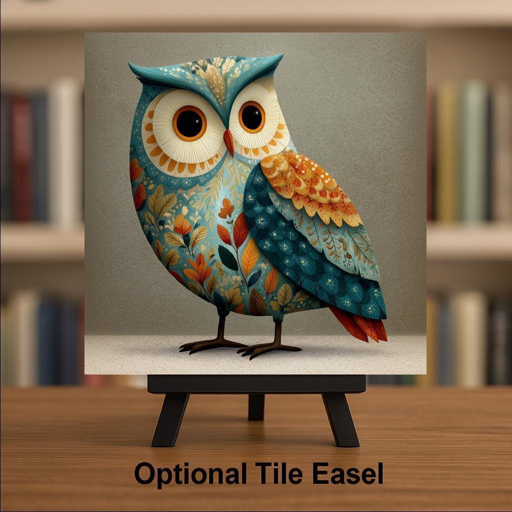 Whimsical Owl Ceramic Art Tile – Folk Art Autumn Wall Decor, Woodland Nature Lover Gift