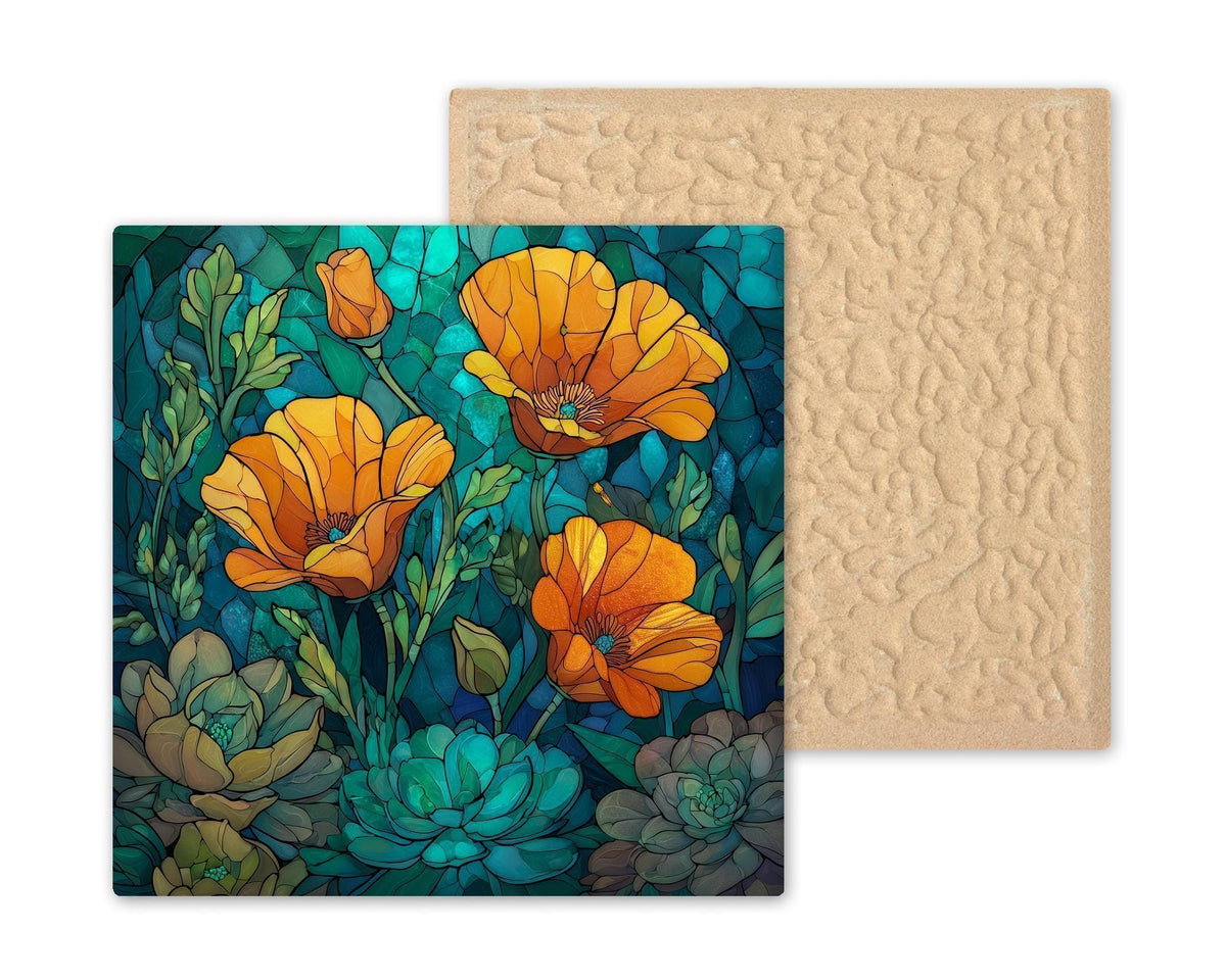 California Poppy Stained Glass Style Ceramic Art Tile – August Birth Flower Wall Decor, Orange Wildflower Floral Accent