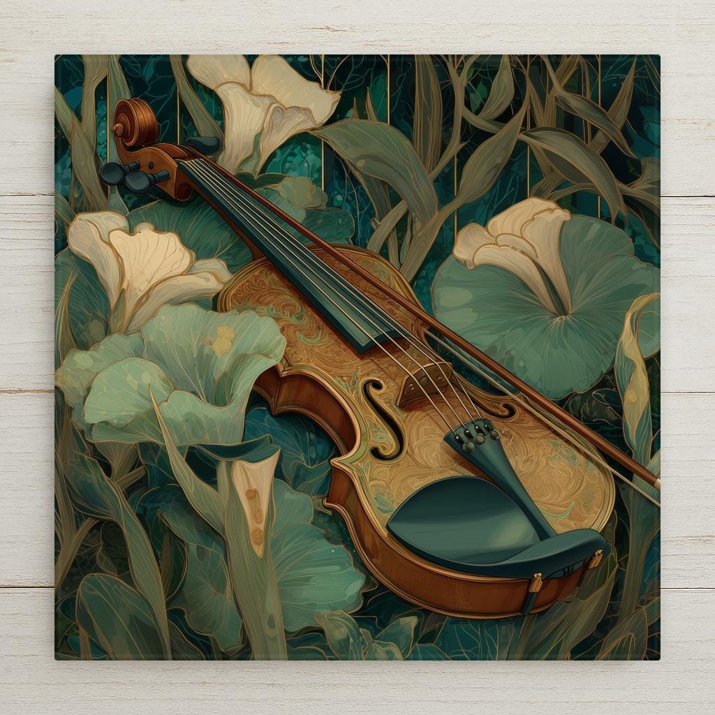 Violin and flowers wall art ceramic tile in stained glass style. A luminous music-inspired gift for violin lovers and elegant home decor. Optional tile wall hanger, easel tile stand, or cork backing available.