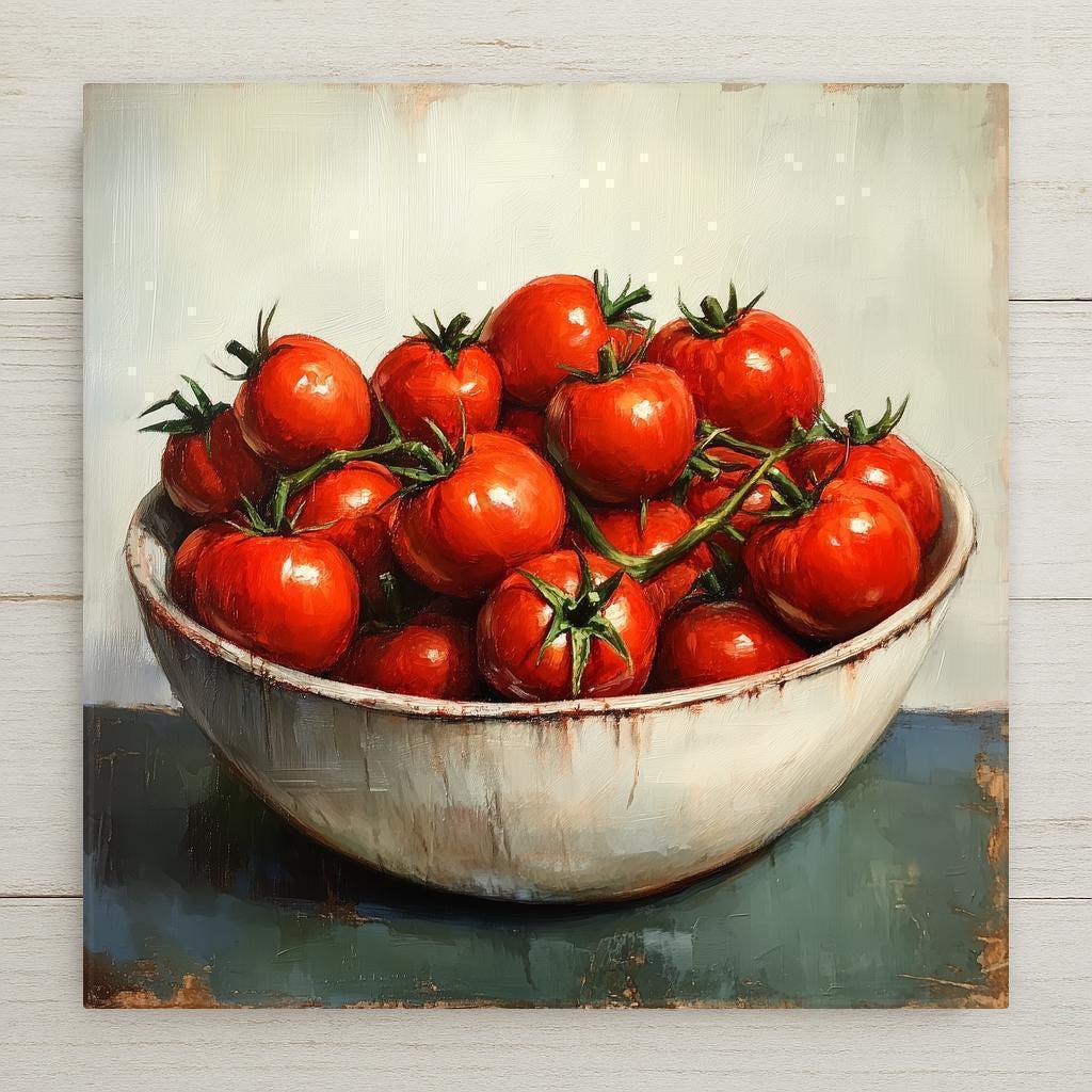 Ceramic tile art featuring a rustic bowl overflowing with ripe tomatoes. Vintage-inspired kitchen decor for farmhouse homes or garden lovers. Great as backsplash or wall art.