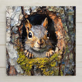 Realistic squirrel ceramic tile art with forest textures and a tree hollow scene. Great wall art for woodland animal lovers, rustic decor, or cozy cabins wall decor.