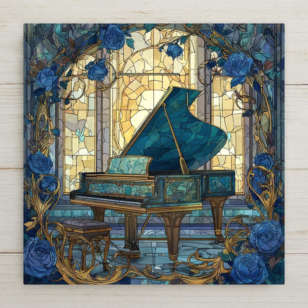 Grand Piano ceramic tile wall art in blue and gold tones. Art Nouveau stained glass style design adds timeless elegance to any music room or home decor. Perfect wall decor gift for pianists or music lovers. Optional wall hanger, easel stand, cork backing, or premium frame available.