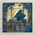 Grand Piano ceramic tile wall art in blue and gold tones. Art Nouveau stained glass style design adds timeless elegance to any music room or home decor. Perfect wall decor gift for pianists or music lovers. Optional wall hanger, easel stand, cork backing, or premium frame available.