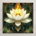 Elegant lotus flower ceramic tile inspired by Art Nouveau. Glowing inner light and floral gold accents make it ideal for meditation, yoga, or sacred space decor. Glossy ceramic surface highlights rich detail and soft green-gold tones. Perfect gift for spiritual, botanical, or vintage art lovers.