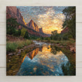 Stained glass–style Zion National Park ceramic tile wall art featuring Zion Canyon at sunset with Virgin River reflections and glowing red rock cliffs. Southwest nature wall decor. Permanent print on ceramic tile, not real stained glass or mosaic. Optional tile wall hanger, easel tile stand, cork backing, and premium frame available.