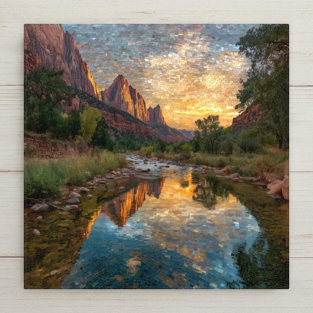 Stained glass–style Zion National Park ceramic tile wall art featuring Zion Canyon at sunset with Virgin River reflections and glowing red rock cliffs. Southwest nature wall decor. Permanent print on ceramic tile, not real stained glass or mosaic. Optional tile wall hanger, easel tile stand, cork backing, and premium frame available.