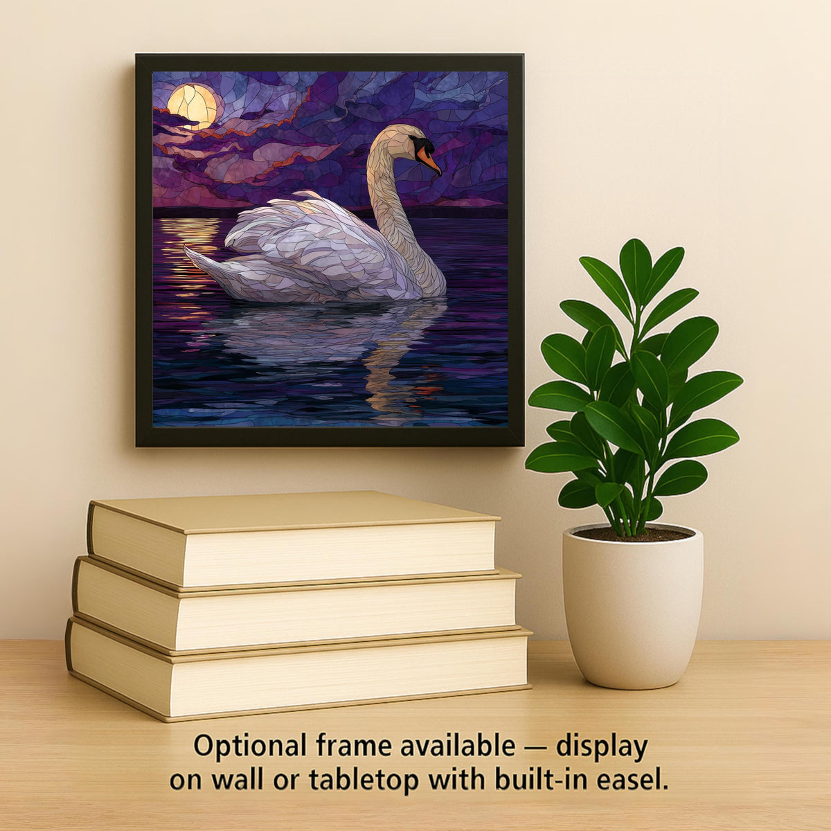 Moonlit Swan Wall Art Ceramic Tile Stained Glass Style Lake Scene Elegant Nature Home Decor Gift Tile