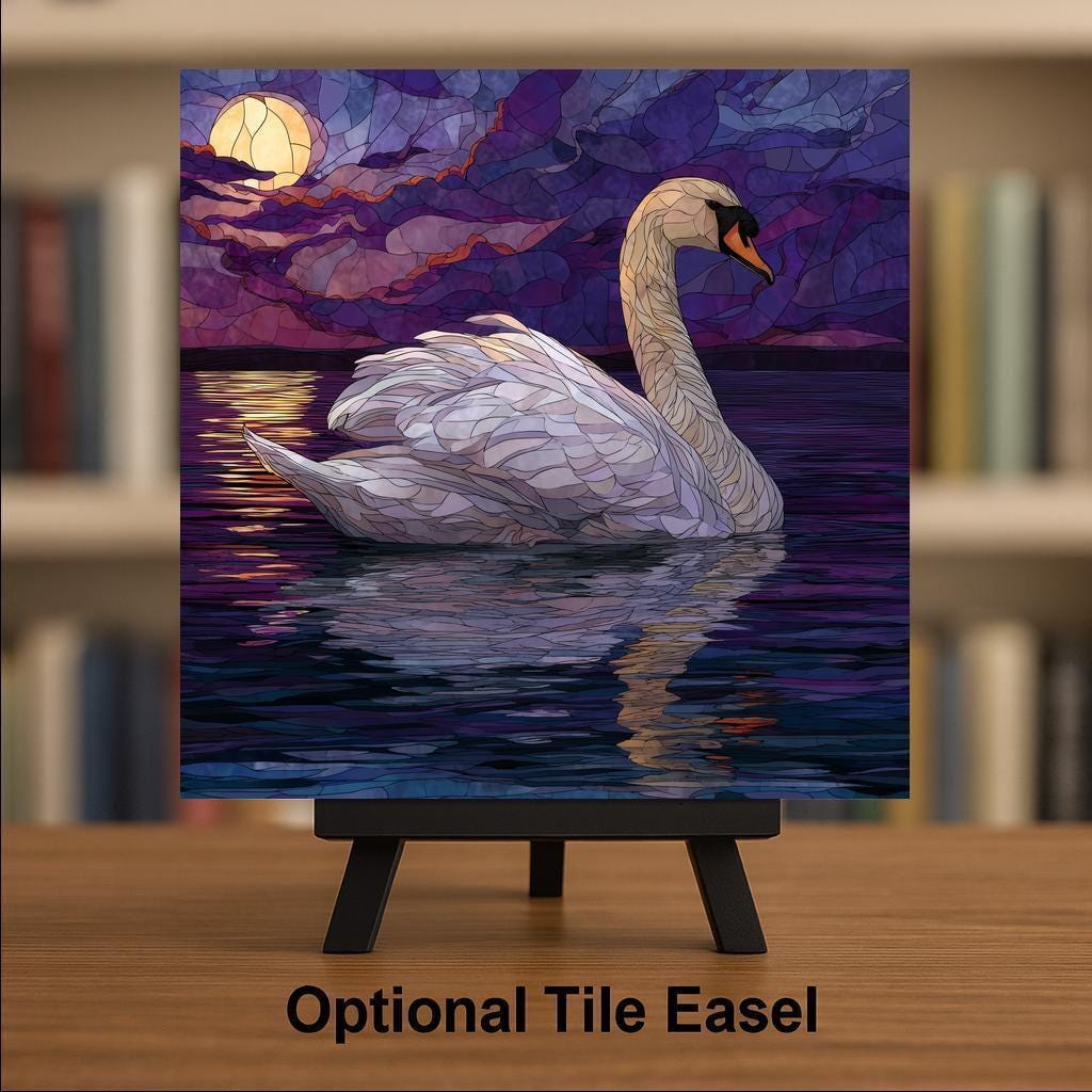 Moonlit Swan Wall Art Ceramic Tile Stained Glass Style Lake Scene Elegant Nature Home Decor Gift Tile