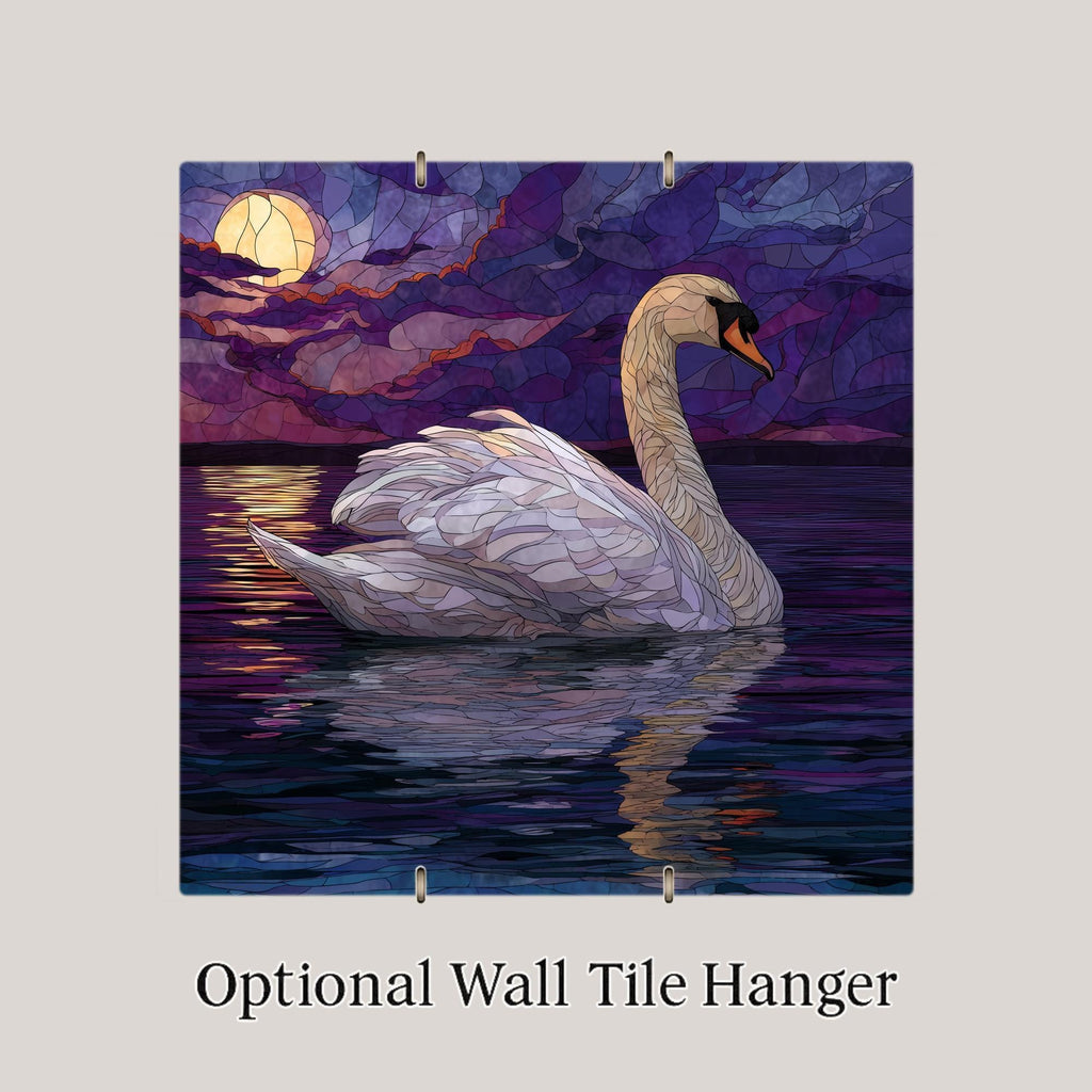 Moonlit Swan Wall Art Ceramic Tile Stained Glass Style Lake Scene Elegant Nature Home Decor Gift Tile