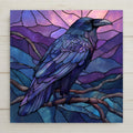 Stained glass-style raven ceramic tile wall art showing a raven perched on a branch against a purple and blue glowing background. A permanent high-resolution ceramic print designed to resemble stained glass, not made of glass or mosaic. Ideal for gothic home decor, mystical wall art, or an enchanted fantasy gift. Optional wall hanger, easel stand, cork backing, and premium frame available.