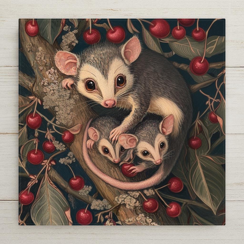 Bring storybook charm and vintage elegance to your home with this Art Nouveau opossum tile. Featuring a beautifully illustrated opossum family surrounded by stylized floral patterns in a William Morris tradition, this ceramic tile merges fine art and function. Use it as a wall hanging, trivet, or decorative coaster for an artistic touch in your kitchen, entryway, or nursery. It’s the perfect gift for possum enthusiasts, wildlife admirers, or fans of boho forest decor.