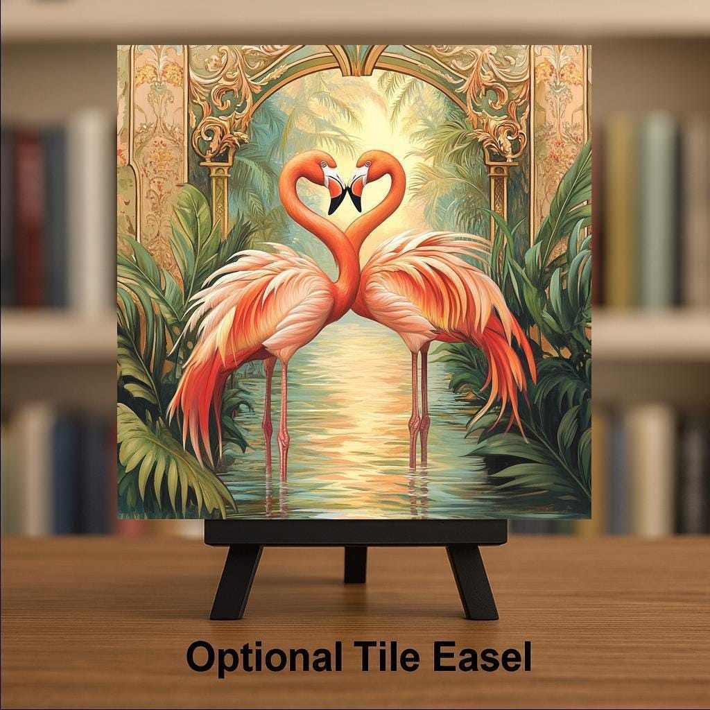 Flamingo William Morris Ceramic Art Tile: Coastal Wall Decor Beach House Accent Ocean Home Decor Wall Art Tropical Bird Flamingo Coastal