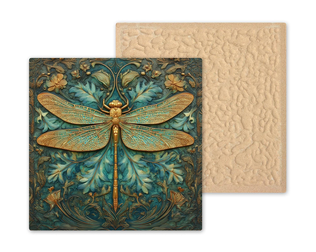 Dragonfly Wall Art Ceramic Tile Stained Glass Style Art Nouveau Memorial Gift Nature Decor Teal Gold