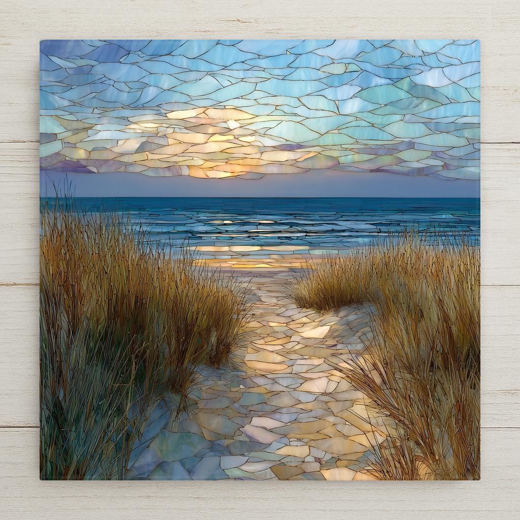 Stained glass–style Cape Cod beach path ceramic tile wall art featuring dune grass, ocean waves, and a soft sunset sky. Coastal home decor inspired by seaside walks. Permanent print on ceramic tile, not real glass or mosaic. Optional tile wall hanger, easel tile stand, cork backing, and premium frame available.
