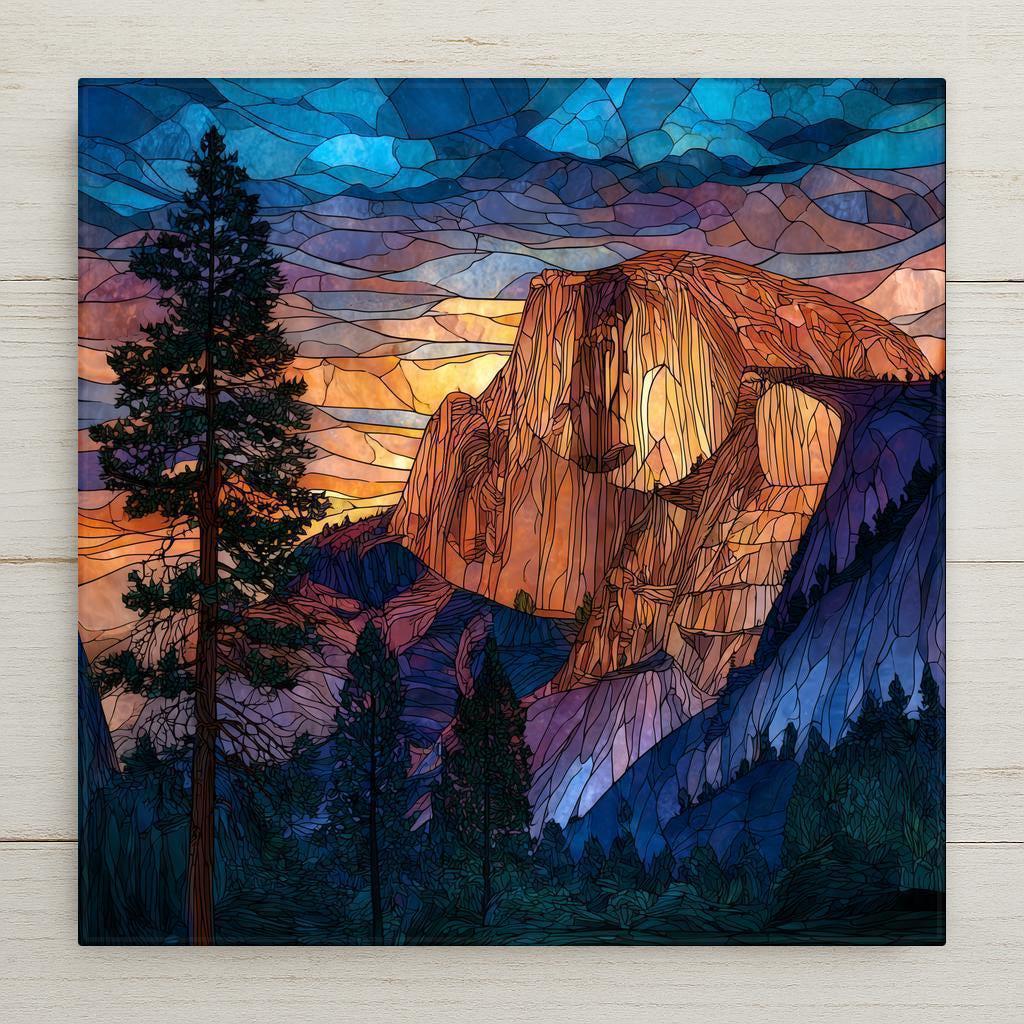 Stained glass style Yosemite Half Dome ceramic tile art featuring a glowing mountain sunset in rich blues, purples, and gold. Durable and vivid, this tile makes stunning wall art or tabletop décor. Display with an optional tile wall hanger, easel stand, or premium frame that works for both wall and table display. Optional cork backing available. Perfect for nature lovers, hikers, and Yosemite enthusiasts.