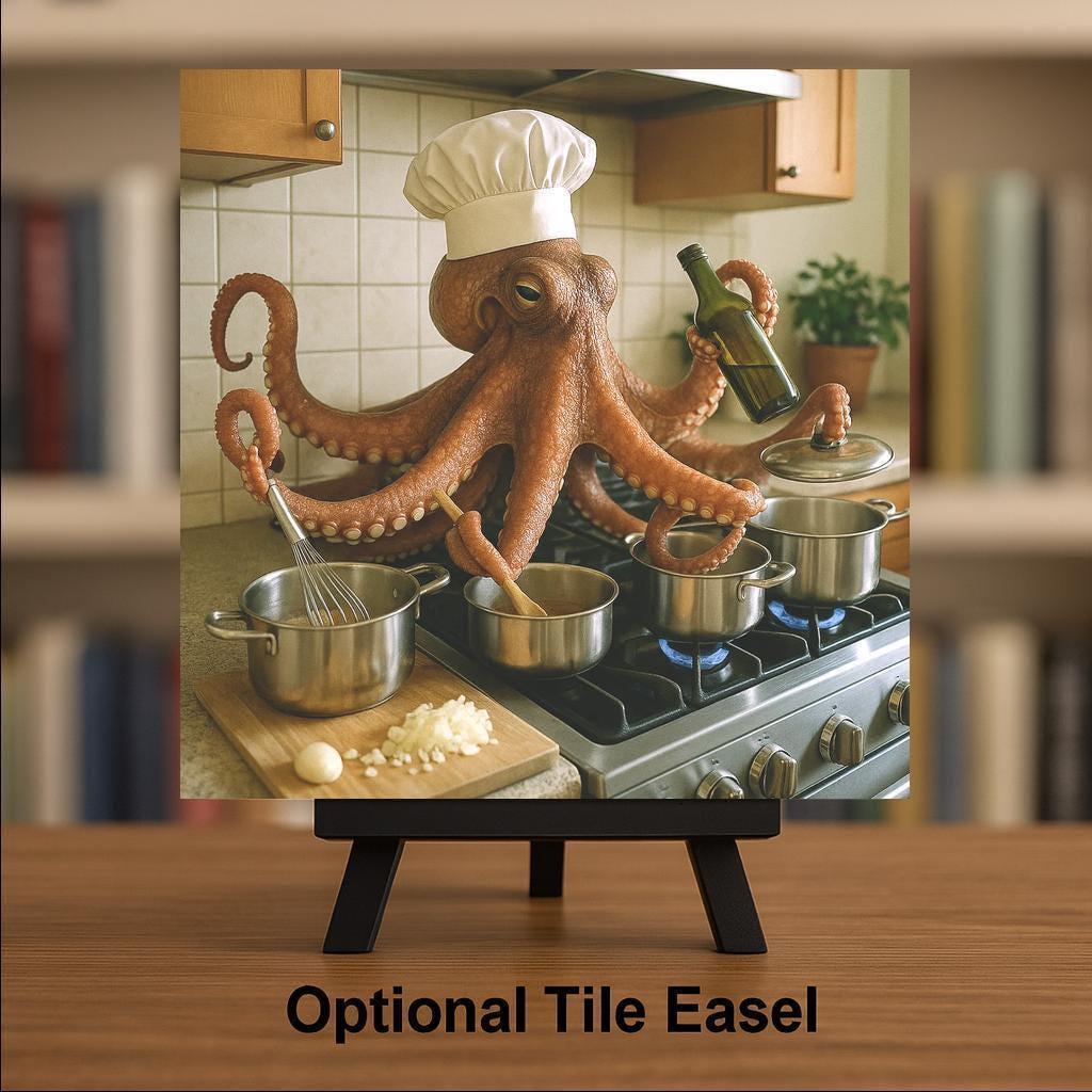 Octopus Wall Art Ceramic Tile Funny Chef Kitchen Decor Cooking Gift Whimsical Octopus Tile Foodie Kitchen Art