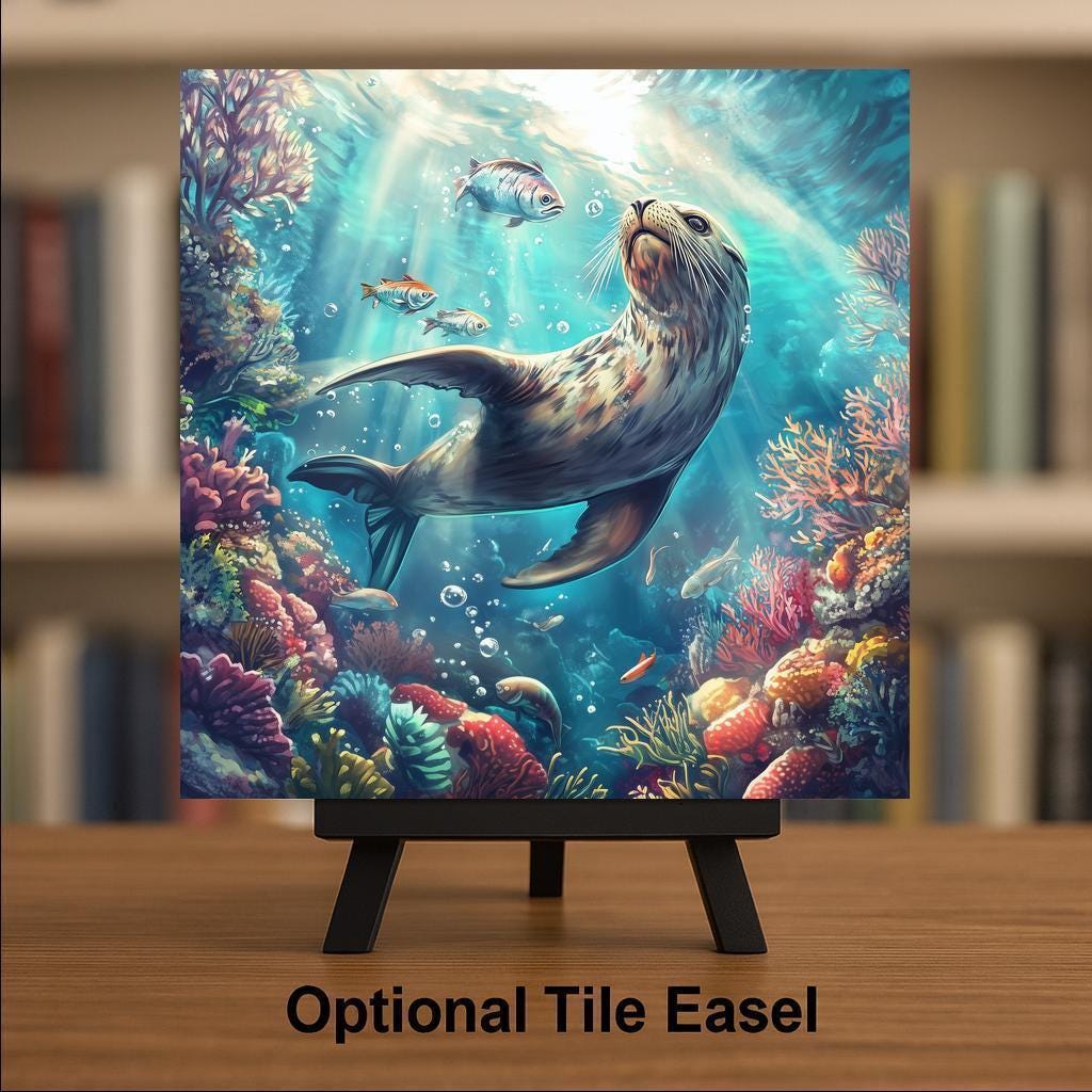 Sea Lion Wall Art Ceramic Tile Coastal Gift Coral Reef Decor Marine Nature Art Sea Lion Lover Ocean Gift Tile