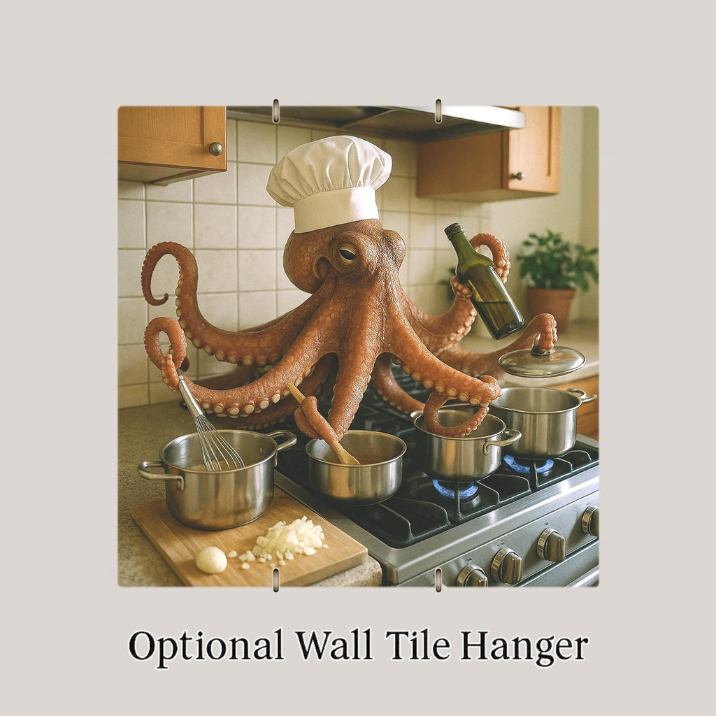 Octopus Wall Art Ceramic Tile Funny Chef Kitchen Decor Cooking Gift Whimsical Octopus Tile Foodie Kitchen Art