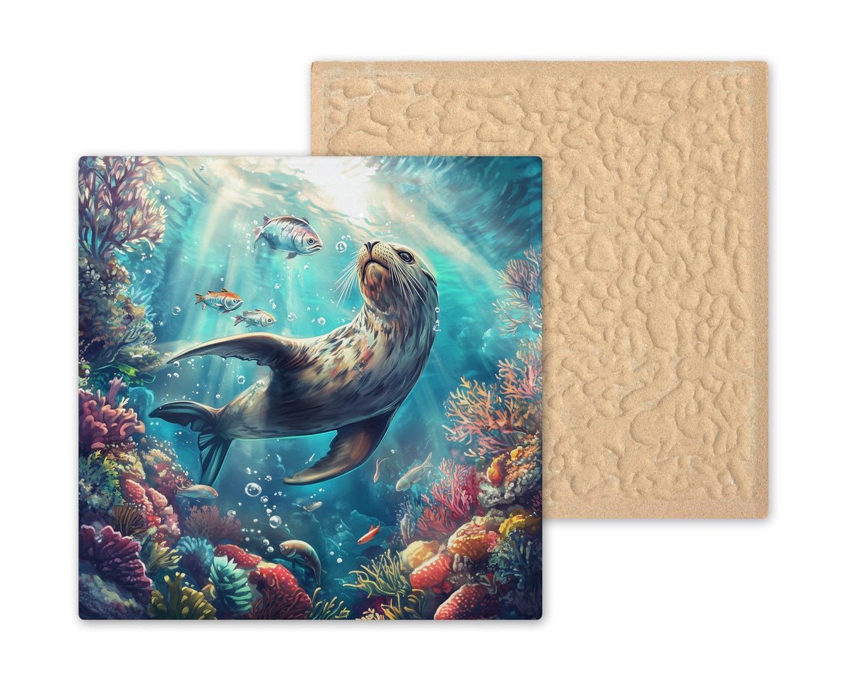 Sea Lion Wall Art Ceramic Tile Coastal Gift Coral Reef Decor Marine Nature Art Sea Lion Lover Ocean Gift Tile