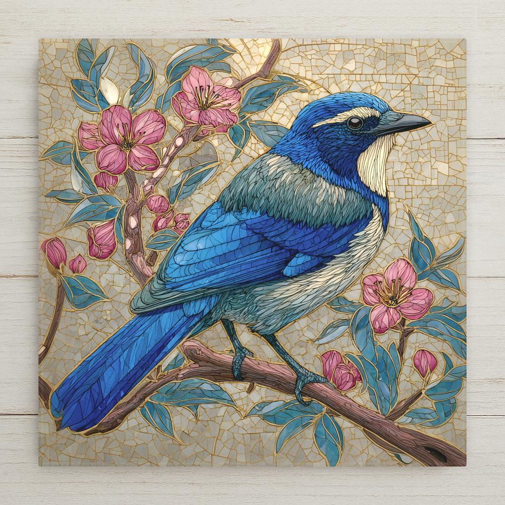 California Scrub Jay ceramic tile art with pink blossoms and stained glass style detail. Perfect for wall art, wall decor, or tabletop display. Permanent print with vivid color. Optional tile wall hanger, easel stand, cork backing, and premium frame available.