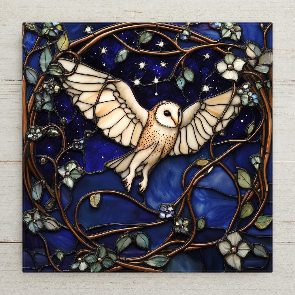 This stained glass-style barn owl ceramic tile wall art features a majestic owl in flight beneath the stars. Perfect for nature lovers home decor and cottagecore décor, it’s ideal as wall art, a shelf display, or a thoughtful gift. Optional stand, wall hanger, and cork backing available.
