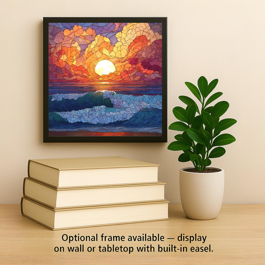 Ocean Sunset Stained Glass Style Ceramic Art Tile – Bold Coastal Wave Wall Decor, Beach House Nautical Gift
