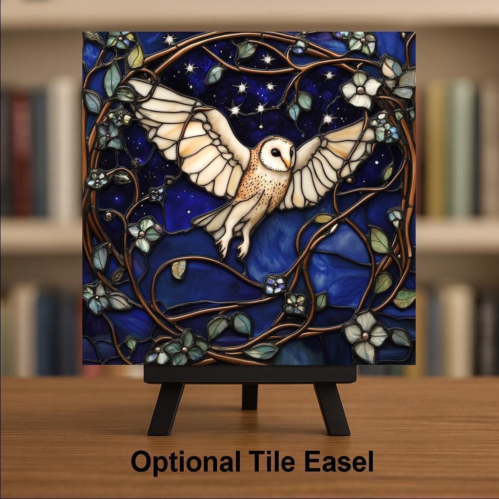 Barn Owl Stained Glass Style Ceramic Art Tile: Cabin Wall Decor Nature Lover Gift Woodland Home Decor Wall Art