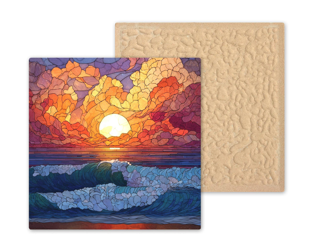 Ocean Sunset Stained Glass Style Ceramic Art Tile – Bold Coastal Wave Wall Decor, Beach House Nautical Gift