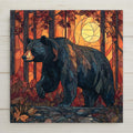 Stained glass–style bear artwork printed on a ceramic tile with warm sunset tones, forest detail, and rustic wildlife design. Perfect for cabin décor or nature lovers. Optional tile wall hanger, easel tile stand, cork backing, and premium frame available. Printed artwork, not real stained glass.