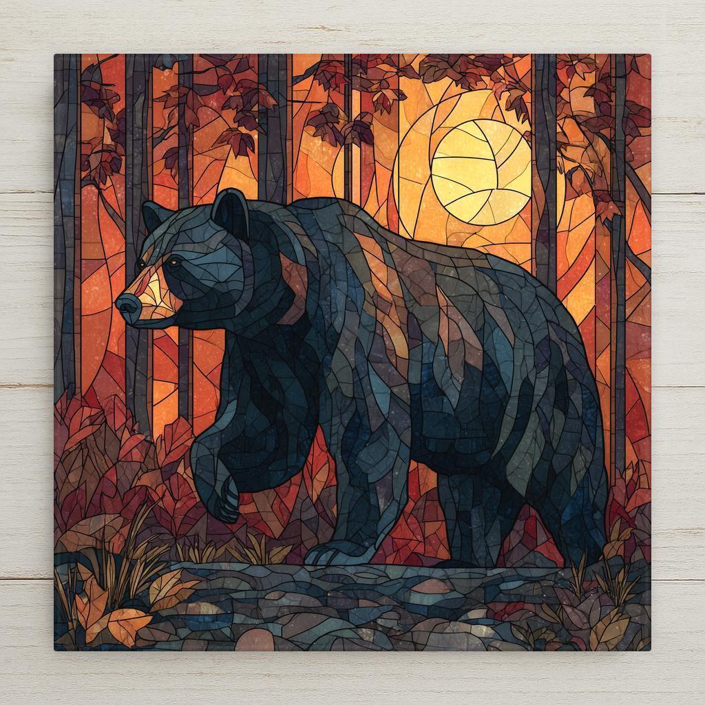 Stained glass–style bear artwork printed on a ceramic tile with warm sunset tones, forest detail, and rustic wildlife design. Perfect for cabin décor or nature lovers. Optional tile wall hanger, easel tile stand, cork backing, and premium frame available. Printed artwork, not real stained glass.