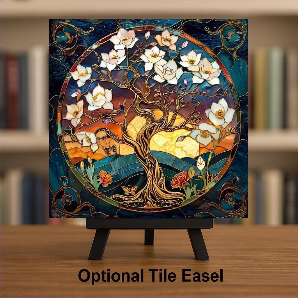 Tree of Life Ceramic Tile Wall Art William Morris Style Art Nouveau Stained Glass Spiritual Botanical Decor