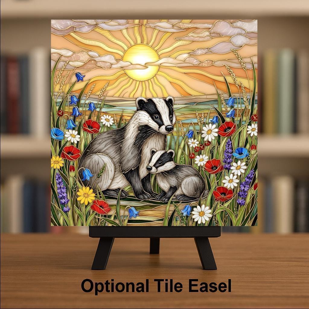 Mother and Baby Badger Stained Glass Style Ceramic Art Tile – Woodland Nursery Wall Decor, New Mom Keepsake