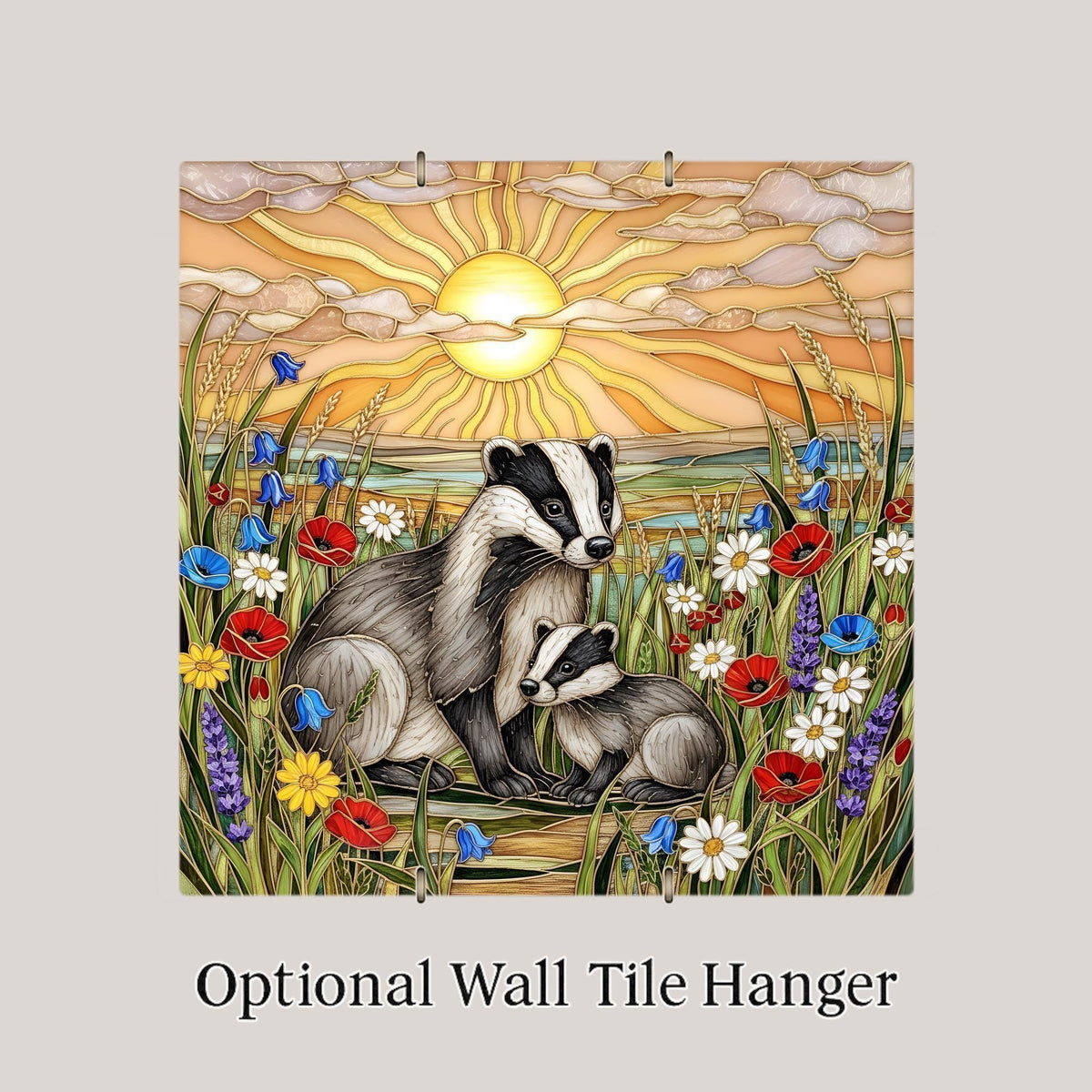 Mother and Baby Badger Stained Glass Style Ceramic Art Tile – Woodland Nursery Wall Decor, New Mom Keepsake