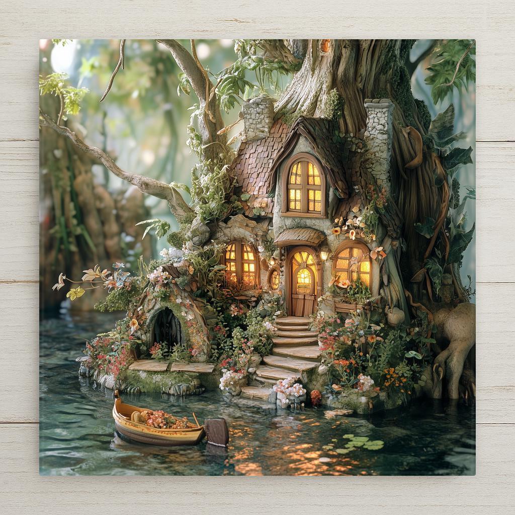 This whimsical ceramic tile features a glowing fairy cottage nestled by a stream—perfect for cottagecore, fairycore, and enchanted home decor lovers.