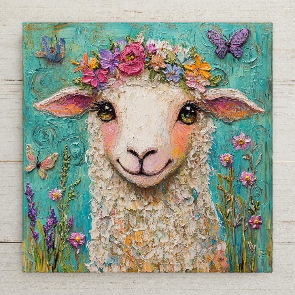 This cheerful Sheep Ceramic Tile features a flower-crowned lamb with butterflies and a spring floral scene in a painterly style. Perfect gift for animal lovers or cottagecore decor wall art. Optional tile wall hanger, cork backing, or stand available.