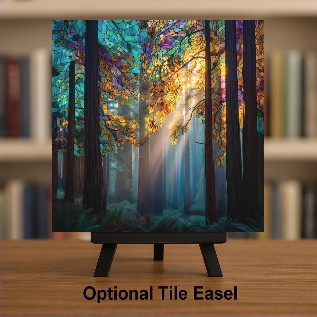 Redwoods Stained Glass Style Ceramic Art Tile: Cabin Wall Decor Nature Lover Gift Home Decor Wall Art California Forest Redwood Nature Art
