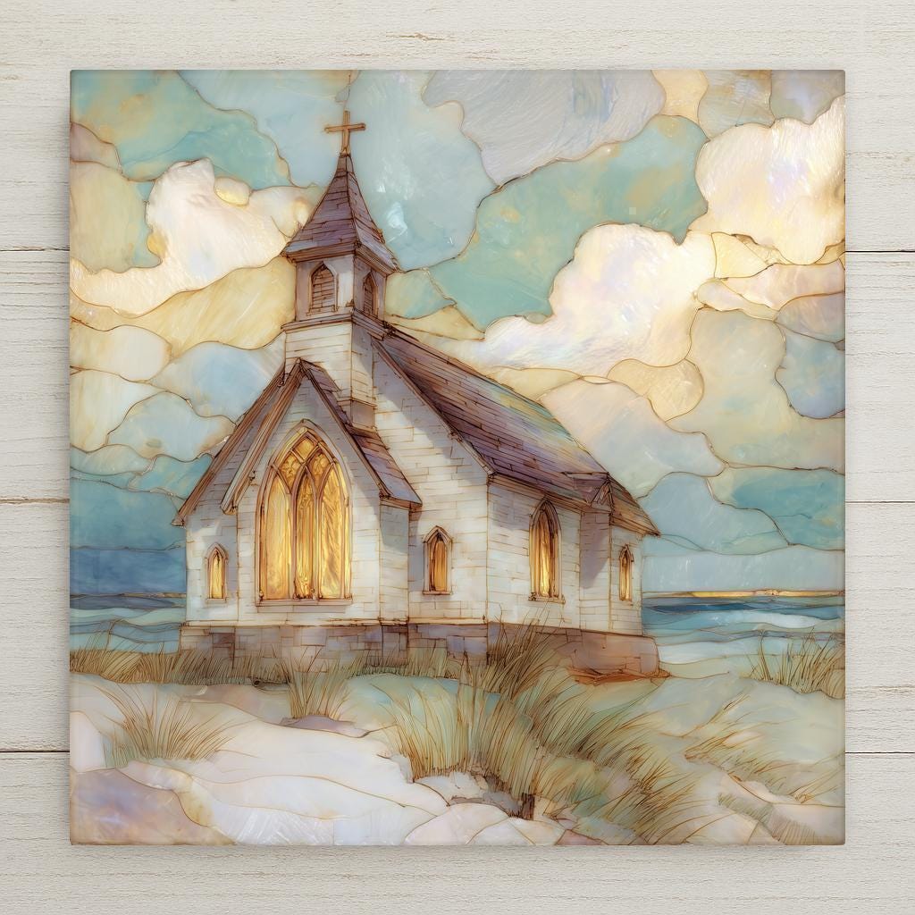 A stained glass–style ceramic tile artwork featuring a white coastal church with glowing windows set among sandy dunes beside the ocean. Soft blue and gold clouds fill the sky, creating a peaceful seaside faith scene. Printed artwork on ceramic tile with optional wall hanger, easel tile stand, cork backing, or premium frame available.