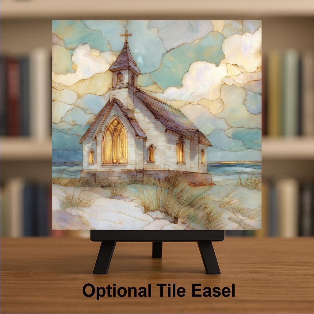 Coastal Church Ceramic Tile Wall Art – Stained Glass Style Seaside Chapel, Christian Coastal Home Decor, Faith Inspired Ocean Wall Decor