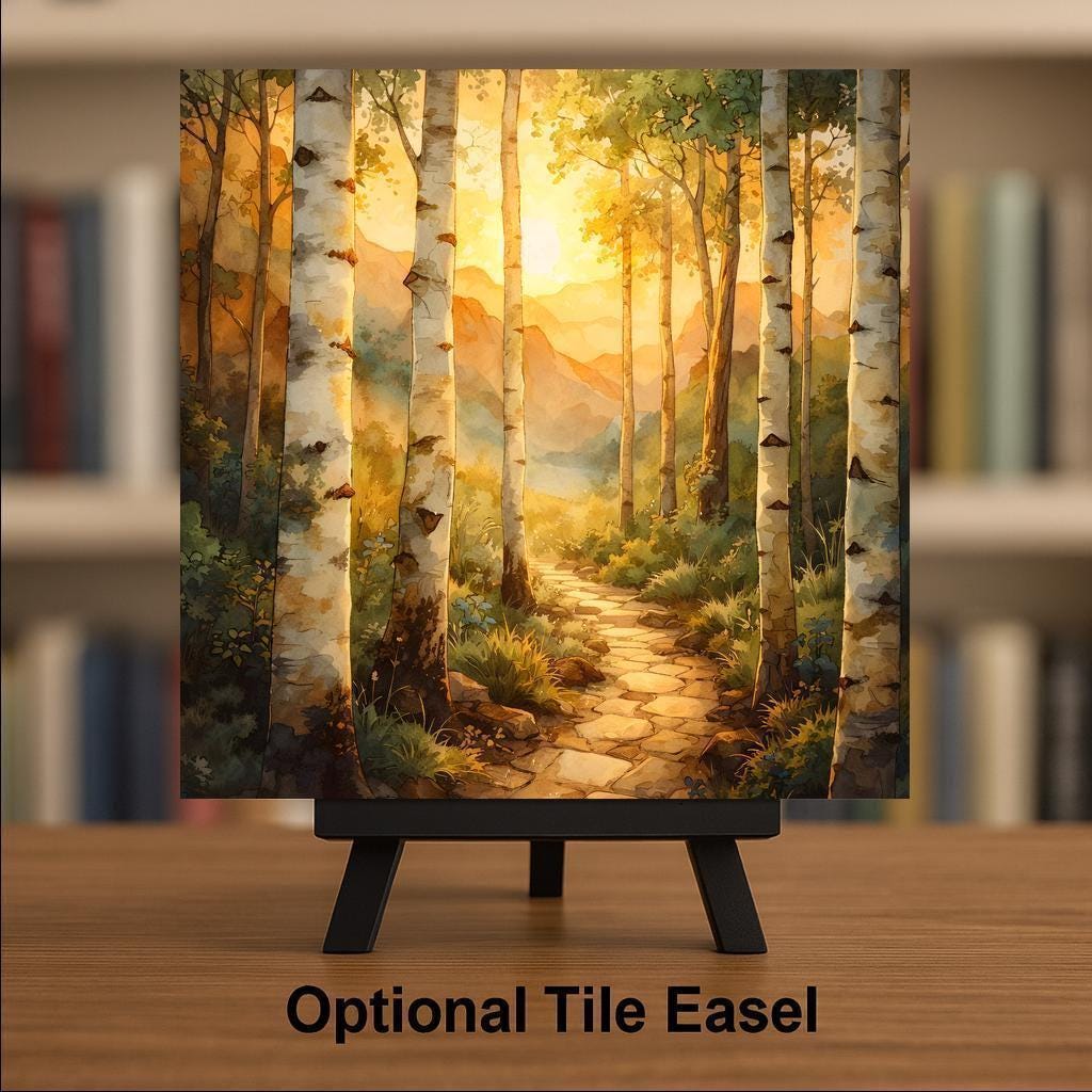 Birch Forest Ceramic Art Tile – Aspen Golden Sunset Wall Decor, Rustic Cabin Nature Lover Gift