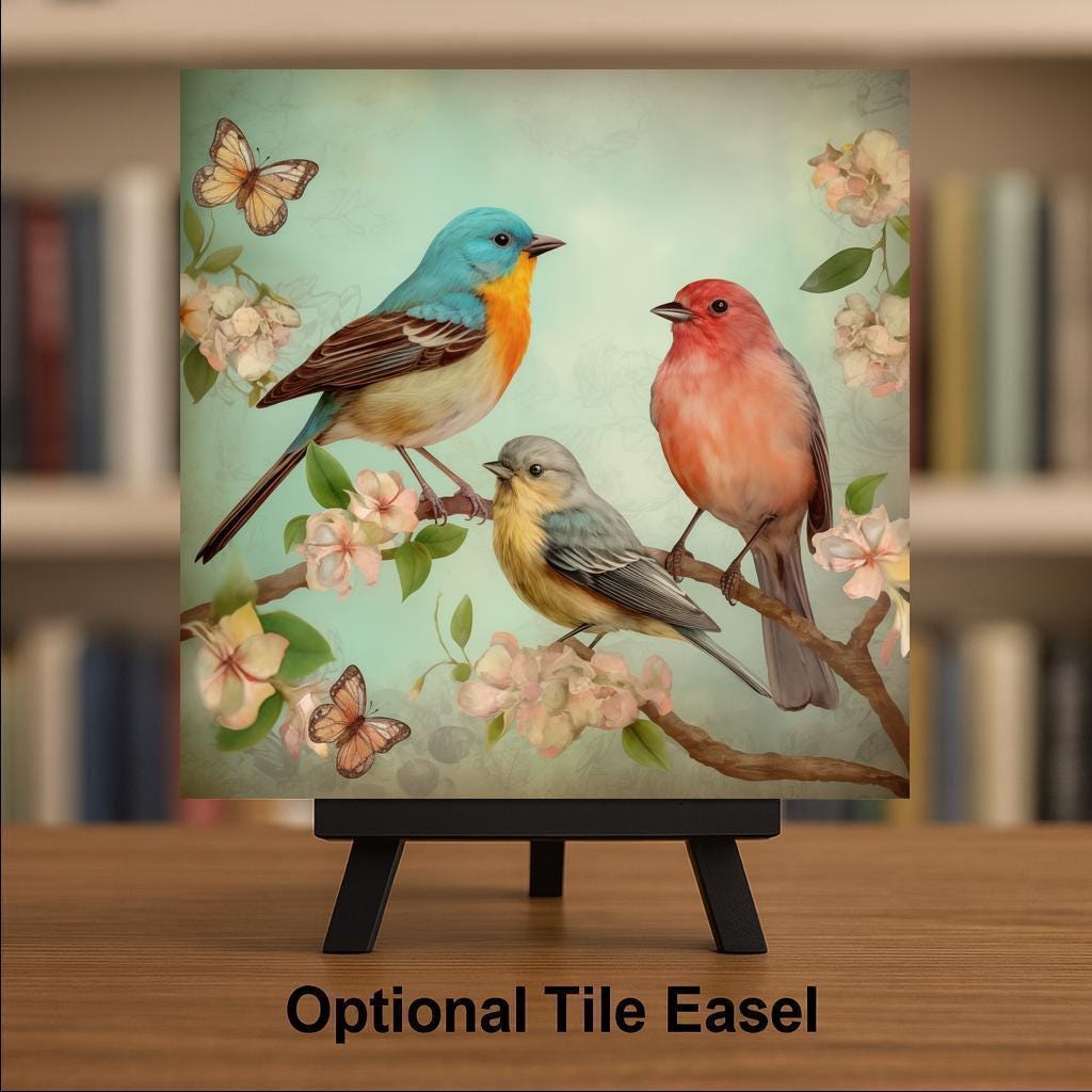 Songbird Floral Wall Art Ceramic Tile Stained Glass Style Birdwatcher Gift Bird Lover Nature Decor Art