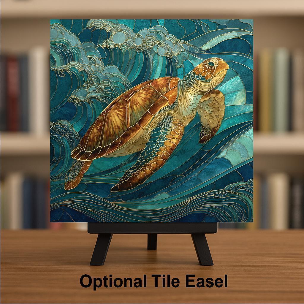 Sea Turtle Stained Glass Style Ceramic Art Tile: Coastal Wall Decor Beach House Accent Ocean Home Decor Wall Art