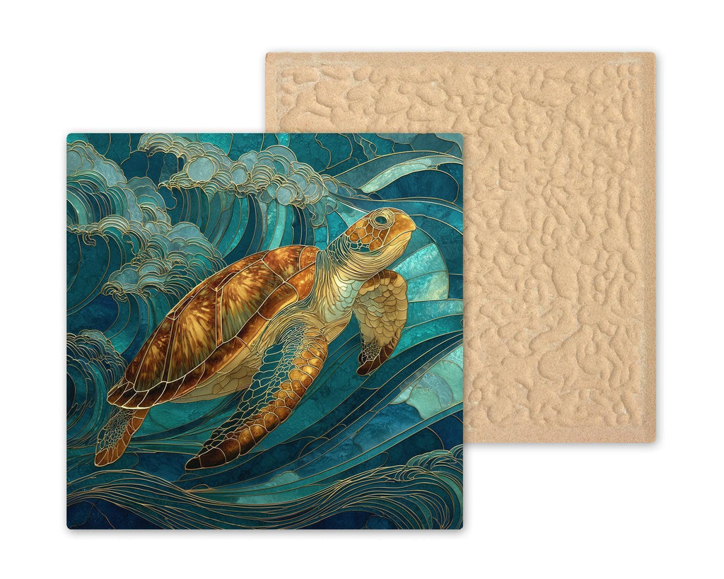 Sea Turtle Stained Glass Style Ceramic Art Tile: Coastal Wall Decor Beach House Accent Ocean Home Decor Wall Art