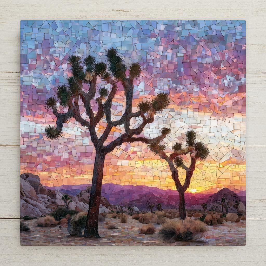 Joshua Tree ceramic tile wall art featuring iconic Joshua trees silhouetted against a colorful desert sunset sky in Joshua Tree National Park, California, shown in a stained glass style mosaic. Square desert landscape tile artwork suitable for wall or tabletop display with optional wall hanger, easel stand, cork backing, or premium frame.