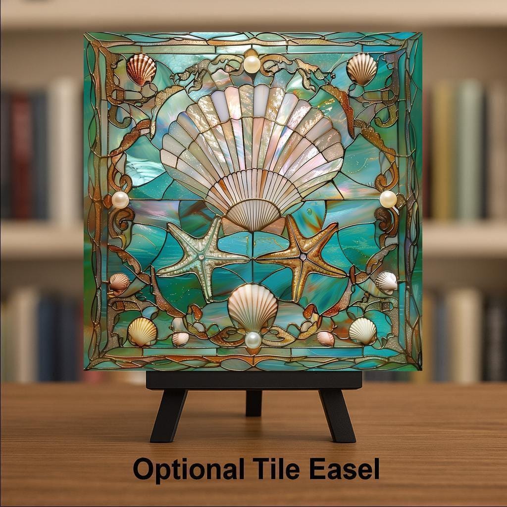 Seashell Wall Art Ceramic Tile Stained Glass Style Coastal Gift Beach House Nature Art Starfish Ocean Decor
