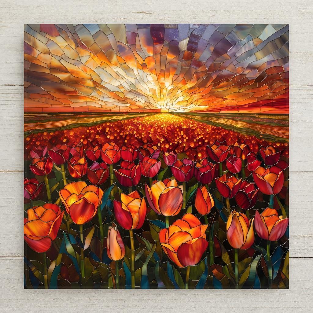 Field of red and orange tulips at sunset with dramatic stained glass sky and glowing horizon, ceramic tile wall art.